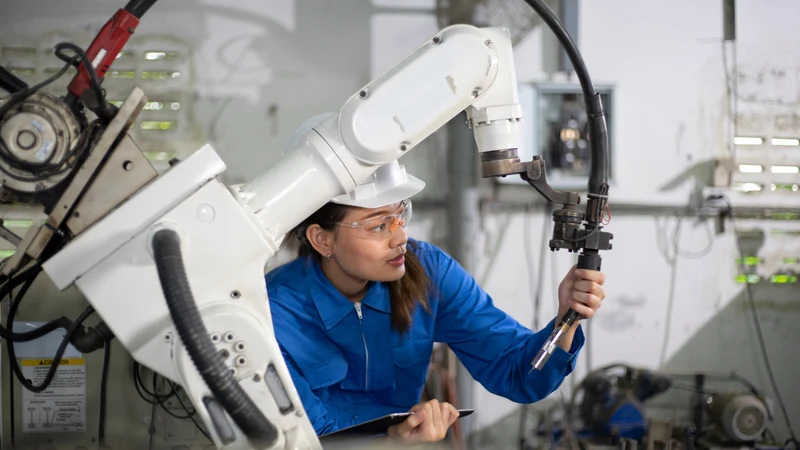 Engenheira inspecionando braço robótico em linha de automação industrial metalúrgica, responsável técnico CREA São Paulo, Regimec Engenharia