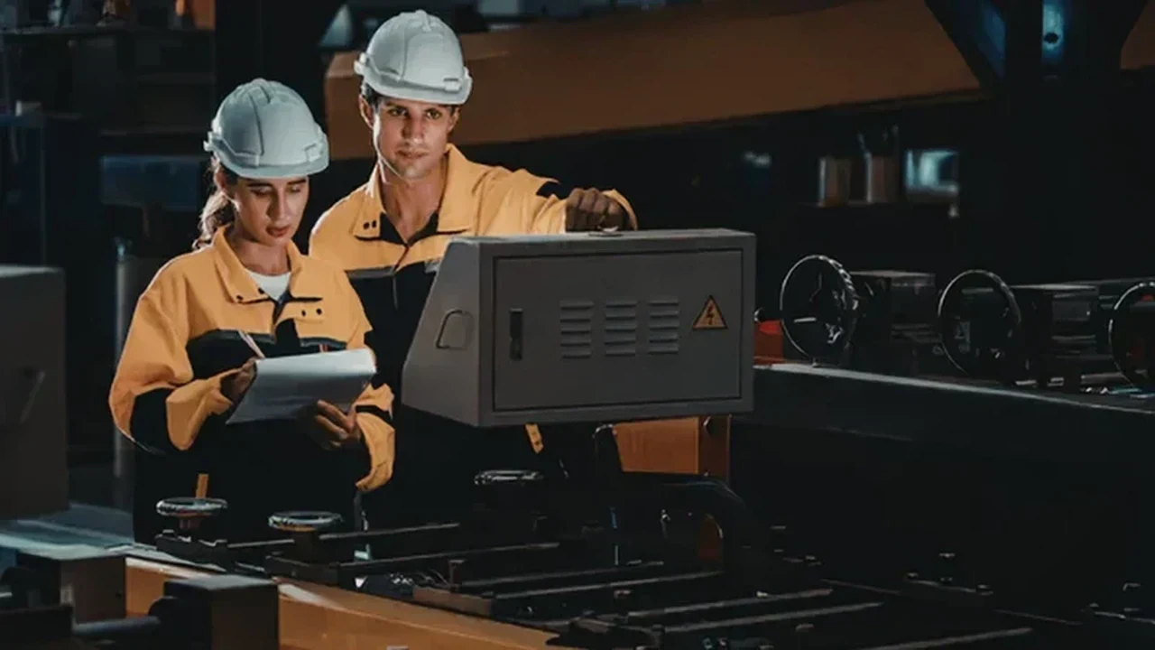 Engenheiros realizando inspeção técnica em painel elétrico de máquina industrial em Jundiaí para responsabilidade técnica Regimec