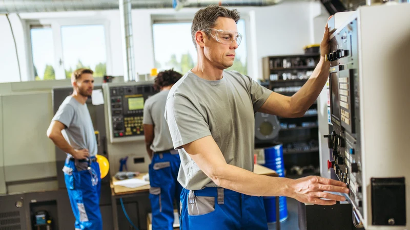 Técnico com óculos de proteção operando painel CNC em usinagem industrial, responsável técnico CREA Sorocaba, Regimec Engenharia
